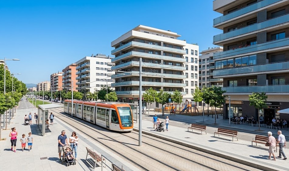 Vistas de las calles, la zona del tranvía y las viviendas modernas en el barrio de Montesa
